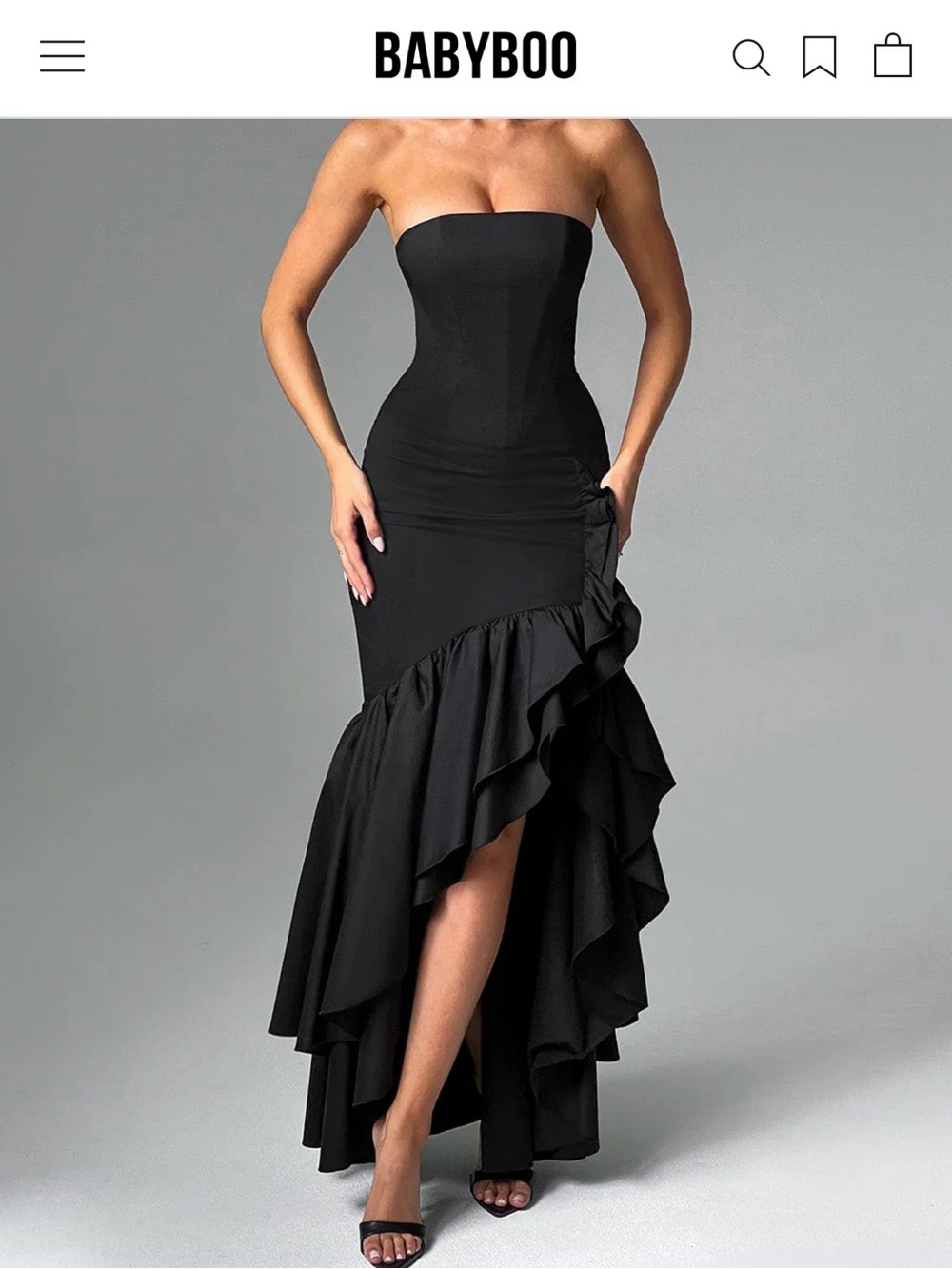 Babyboo Angelina Strapless Black Ruffle Mermaid High-Low Maxi Dress
